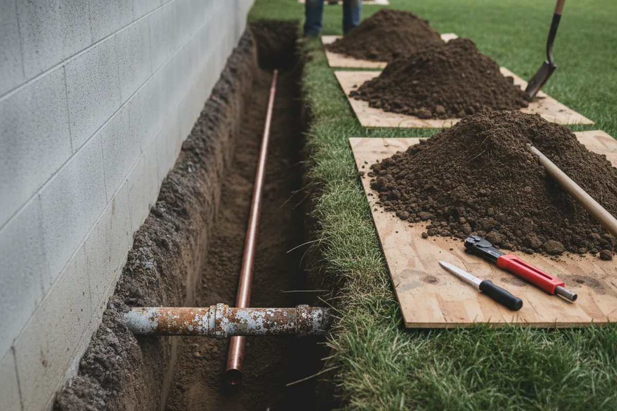 Excavated water line trench during Water Softener Installation in Burnet